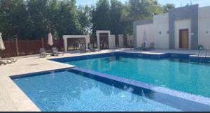 een groot zwembad met blauw water in een tuin bij منتجع هوانا غرفتين in Salalah +7 foto's