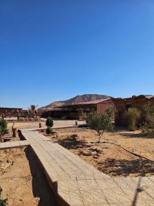 a path in the middle of a desert with a building at Ajyad Rum Camp in Wadi Rum