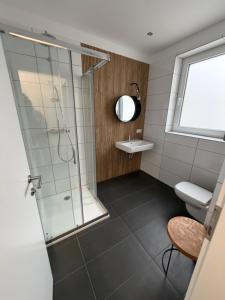 een badkamer met een douche, een toilet en een wastafel bij Wohnung Magdalene in Größing