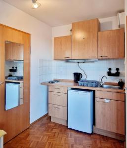 a kitchen with white appliances and wooden cabinets at Cozy and fully equipped flat in the centrum in Essen