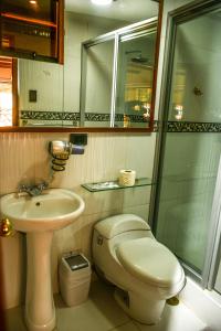 un bagno con wc, lavandino e doccia di Hotel Boutique MIRANDO AL SOL a Ollantaytambo