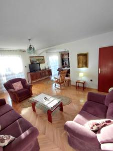 een woonkamer met paarse banken en een salontafel bij Apartment Maruni in Šušanj