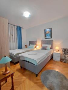 een slaapkamer met 2 bedden en een tapijt bij Apartment Maruni in Šušanj