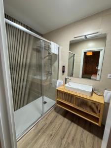 een badkamer met douche, wastafel en spiegel bij Bibelot in Reinosa +42 foto's