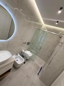 a bathroom with a shower and a toilet and a sink at LUX Apt Korca in Korçë