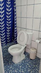 een badkamer met een toilet in een blauwe en witte tegelkamer bij Hotel Gayra in Antofagasta