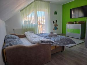 a bedroom with a bed and a green wall at Mountain View Apartment in Zărneşti