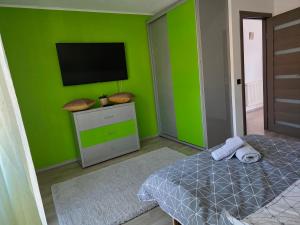 een groene slaapkamer met een bed en een flatscreen-tv bij Mountain View Apartment in Zărneşti