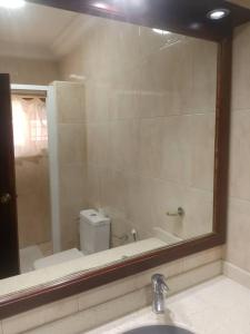 La salle de bains est pourvue d'un miroir, d'un lavabo et de toilettes. dans l'établissement Beach Road, à Sékondi