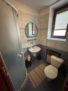 een badkamer met een wastafel, een toilet en een spiegel bij Privat DAŇO in Lisková +24 foto's