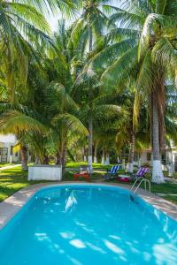 een zwembad met palmbomen en 2 stoelen bij Comfortable and quiet with a pool in Barrio Nuevo