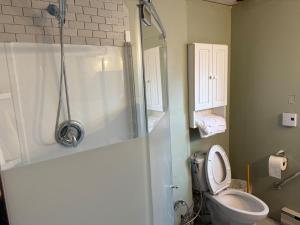 een badkamer met een douche en een toilet. bij A fully self-contained one-bedroom apartment in Fredericton