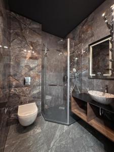 une salle de bains avec douche, toilettes et lavabo dans l'établissement Villa Blanc, à Bukovel