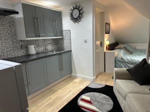 a kitchen with gray cabinets and a living room with a couch at A Cosy and Luxurious Studioflat in Navestock
