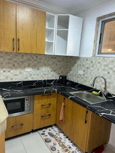 een keuken met een spoelbak en een aanrechtblad bij Mobile doctors apartment in Accra