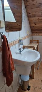 een badkamer met een wastafel en een spiegel bij Skiprivat in Ružomberok +39 foto's