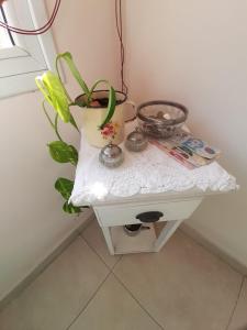 un tavolo bianco con una pianta sopra di Viejo Lobo de Mar a Puerto Pirámides