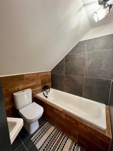 a bathroom with a toilet and a bath tub at Chalupa Bohunka in Kašperské Hory +15 photos