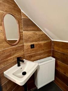 a bathroom with a sink and a mirror and a radiator at Chalupa Bohunka in Kašperské Hory