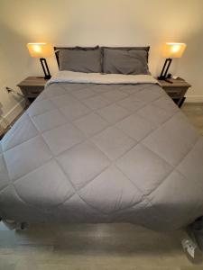 a large bed in a bedroom with two lamps at Nice escape 8 min from EWR in Elizabeth