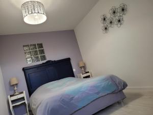 ein Schlafzimmer mit einem Bett und einem Kronleuchter in der Unterkunft Le Four à Pains in Dole