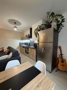 een woonkamer met een bank en een koelkast bij Sauna en bord de rivière in Morez