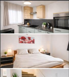 twee foto's van een keuken met een bed in een kamer bij Maisonette am Burg in Möckmühl