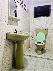 a bathroom with a green toilet and a sink at location weligama in Weligama