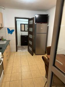 a small kitchen with a refrigerator and a mirror at Republicii Central in Ploieşti