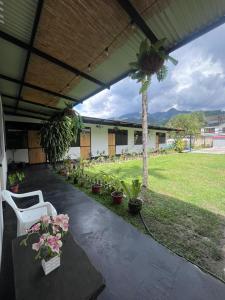 eine Terrasse mit Tisch, Stühlen und Pflanzen in der Unterkunft La Posada de Chango in La Merced