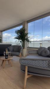 a living room with two couches and a large window at Mediterranea Apartments Aurora in Assemini