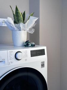 a white washing machine with a plant on top of it at Mediterranea Apartments Aurora in Assemini