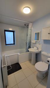 a bathroom with a toilet and a sink and a shower at Stornoway Stays in Stornoway +2 photos