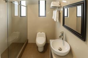 a bathroom with a toilet and a sink and a mirror at City Tower Hotel in Lima
