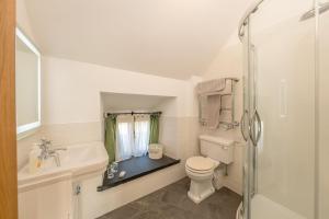 a bathroom with a toilet and a sink and a shower at The-Longbarn in Ruthin +30 photos