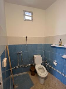 een badkamer met een toilet in een blauwe tegelkamer bij Mechi House in Djerba