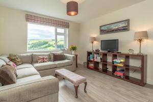 a living room with a couch and a tv at Hendre-Llangwm in Llangwm