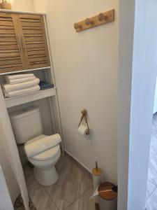 a small bathroom with a toilet and towels at Guayaba in Sainte-Anne