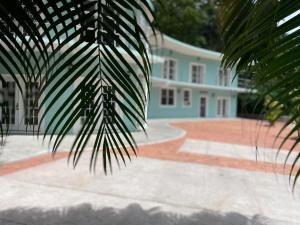 una casa blu con una palma di fronte di Torraille Waterfall Villas a Soufriere