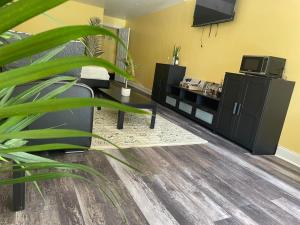 un soggiorno con TV e divano di Torraille Waterfall Villas a Soufriere