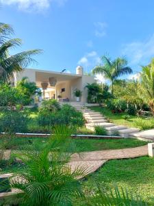 ein Haus mit Palmen davor in der Unterkunft Quinta YaaxBe in Homún