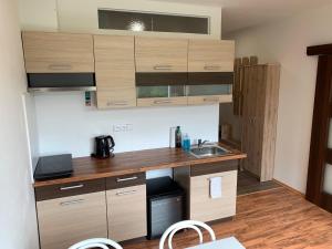 a small kitchen with wooden cabinets and a sink at Útulný apartmán v Jizerkách in Hejnice +15 photos