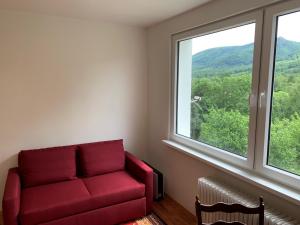 a red couch in a room with a window at Útulný apartmán v Jizerkách in Hejnice