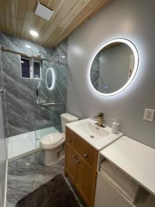 ein Badezimmer mit Waschbecken, Toilette und Dusche in der Unterkunft Cozy Cedar Nook in Hope