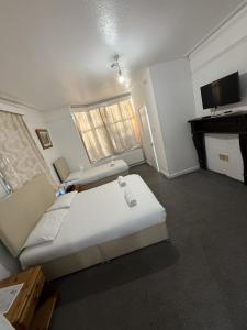 een kleine kamer met 2 bedden en een televisie bij Birchwood-Lodge in Horley