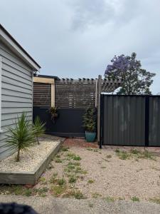 een achtertuin met een zwart hek en een poort bij Brigidas Guest House in Bairnsdale