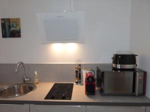 encimera de cocina con fregadero y microondas en Loft Zen SPA Balneo Parking Sauna Hammam Billard, en Agen