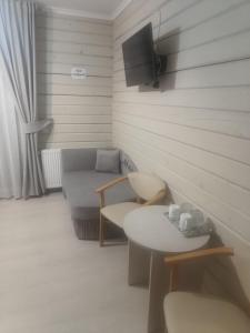 een kamer met een bank, een tafel en een tv bij Pogar White in Slavske
