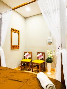 a bedroom with two chairs and a bed and a mirror at Pinevilla homestay in Jorhat