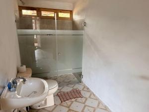 ein Badezimmer mit Toilette, Waschbecken und Dusche in der Unterkunft Cabaña La Joyita By GEstores in La Venta